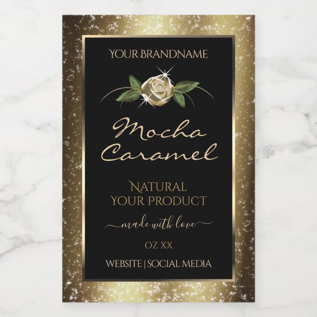 Floral Black and Gold Brown Glitter Product Labels (Single Label)