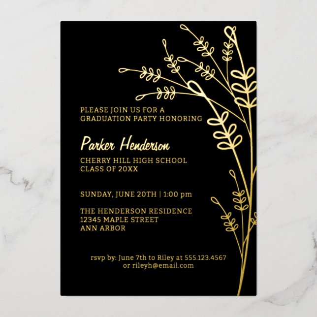 Floral Black and Gold Modern Graduation Party (Front)