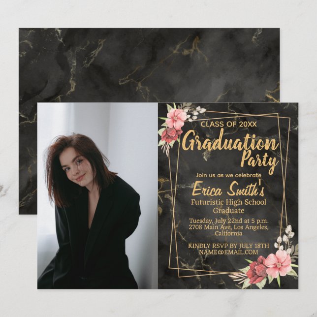 Floral Black And Gold Photo Graduation Party Invitation (Front/Back)