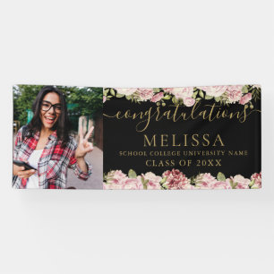 Floral Black And Gold Script Photo Graduation Banner