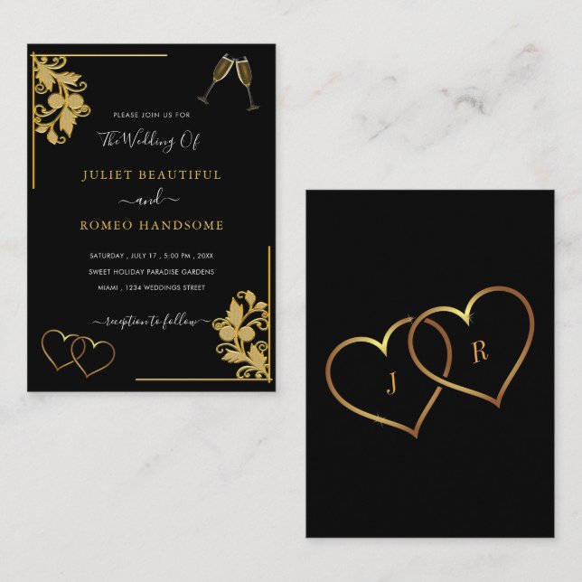 Floral Black and Gold Wedding Invitation Example (Front/Back)