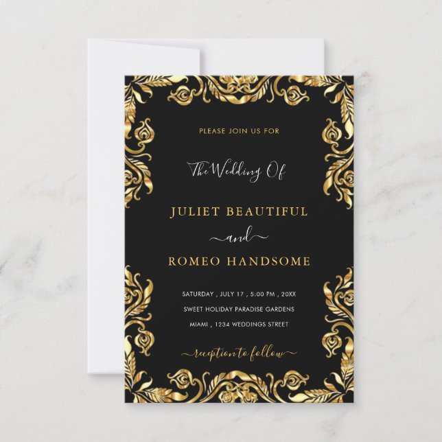 Floral Black and Gold Wedding Invitation Template (Front)