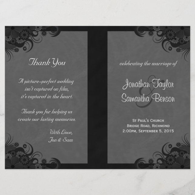 Floral Black and Grey Goth Folded Wedding Programs (Front)