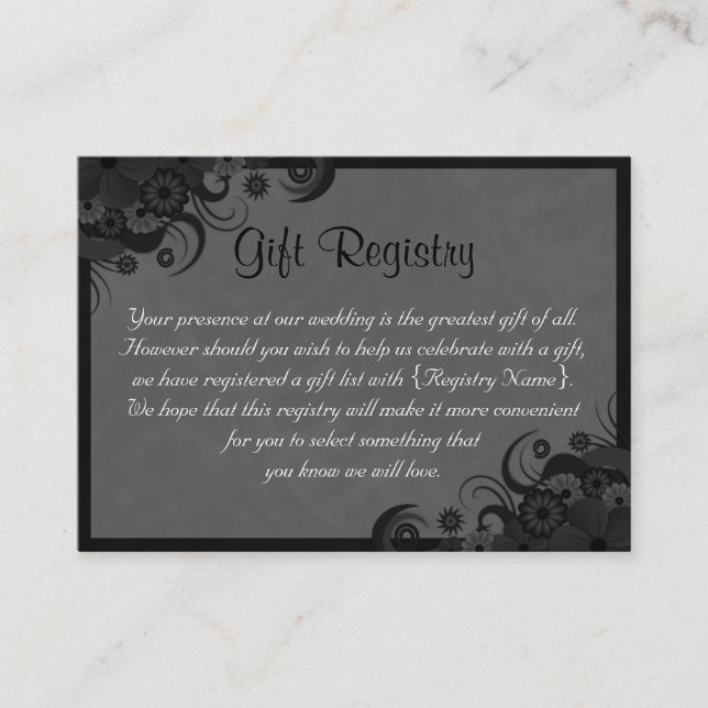 Floral Black and Grey Wedding Gift Registry Enclosure Card (Front)