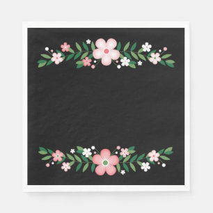 Floral Black And Pink Flowers Wedding Party Napkin
