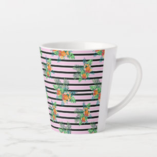 Floral Black and Pink Stripes Latte Mug