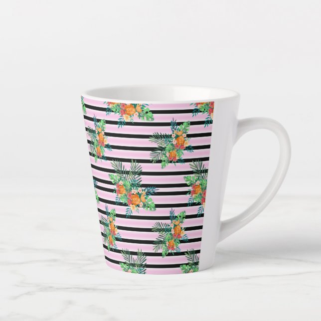 Floral Black and Pink Stripes Latte Mug (Right)