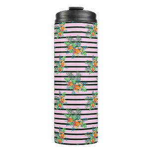 Floral Black and Pink Stripes Thermal Tumbler