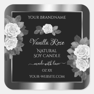 Floral Black and Silver Product Labels White Roses