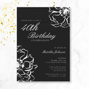 Floral Black and White 40th birthday Invitation