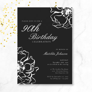 Floral Black and White 90th Birthday Invitation