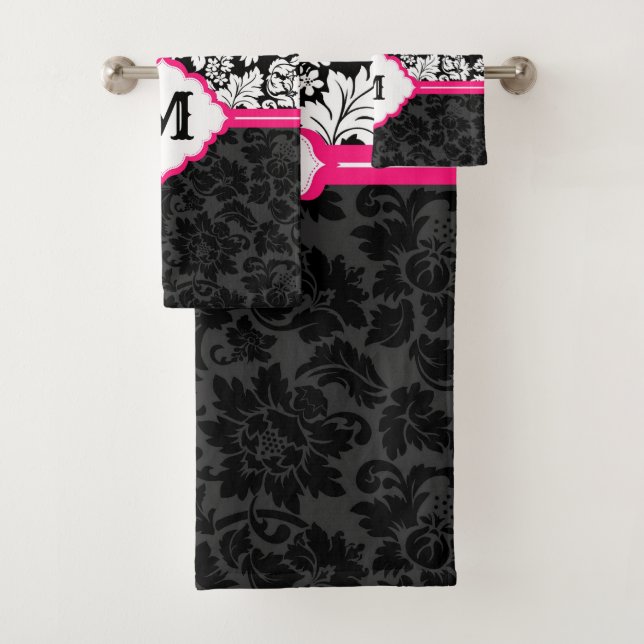 Floral Black And White Damask Bath Towel Set (Insitu)