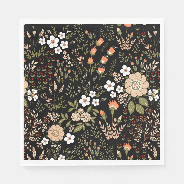 Floral Black And White Flowers Botanical Wedding Napkin (Front)