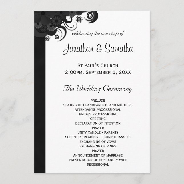Floral Black and White Gothic Wedding Programs Programme (Front)