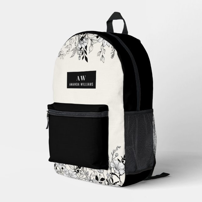 Floral Black and White Monogram and Name Printed Backpack (Back Corner Right)