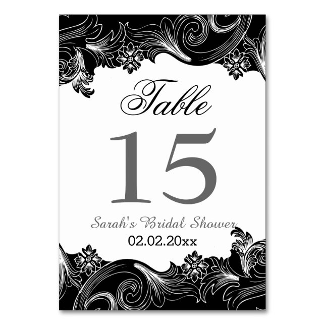Floral black and white Personalised table numbers (Back)