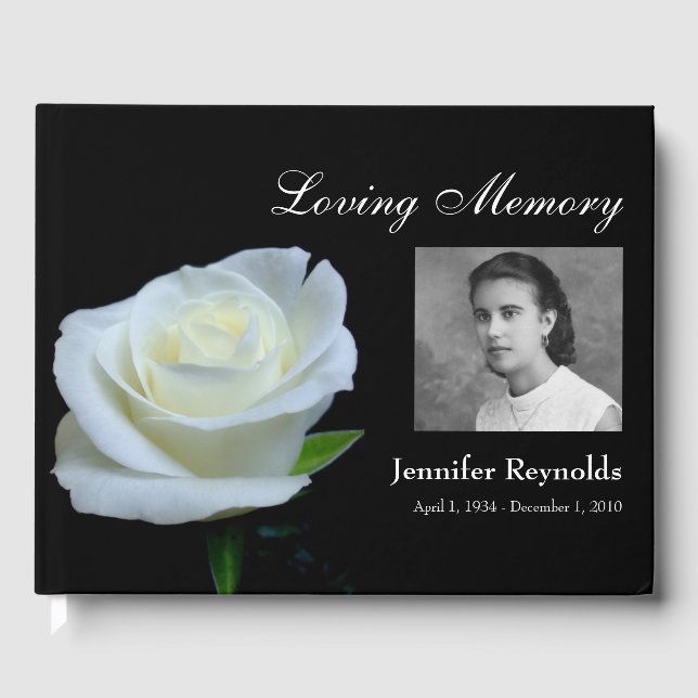 Floral Black and White Photo Funeral Memorial Guest Book (Front)