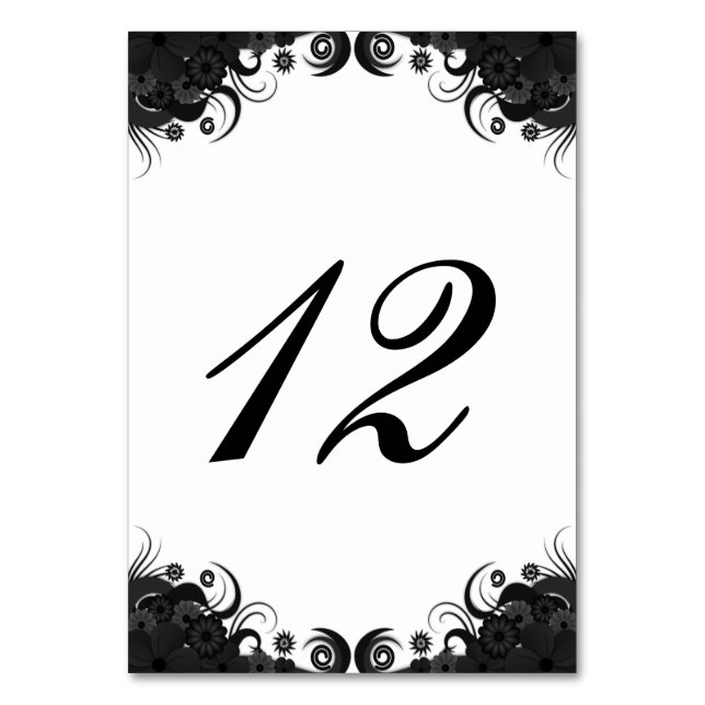 Floral Black and White Reception Table Number Card (Front)