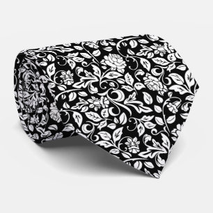 Floral Black and White Rose Vine Pattern Tie