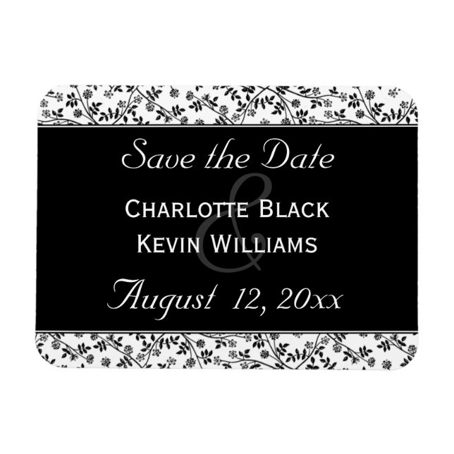 Floral Black and White Save the Date Magnet (Horizontal)