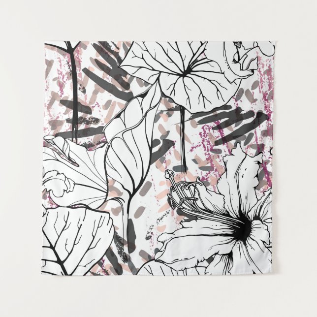 Floral Black and White Seamless Pattern. Modern Ar Tapestry (Front)