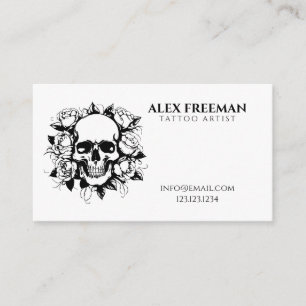 Floral Black and White Skull Roses Tattoo Artist Business Card