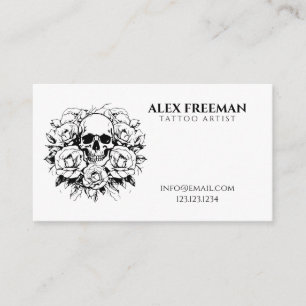 Floral Black and White Skull Tattoo Artist Business Card