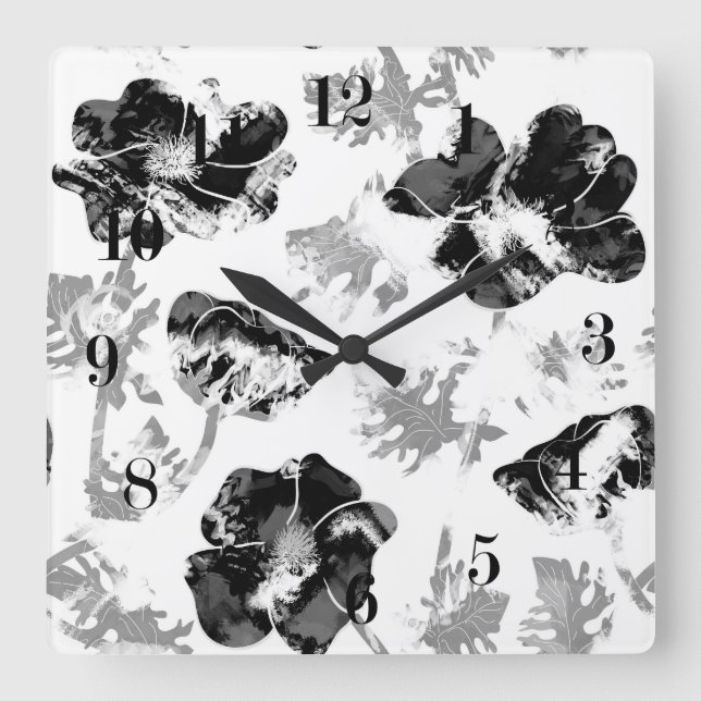 Floral, black and white square wall clock (Front)