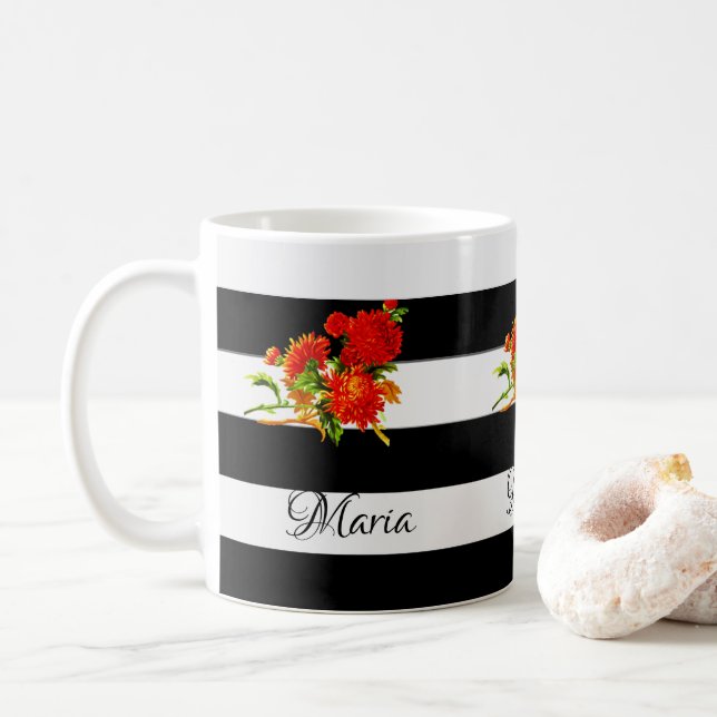 Floral Black and White Stripe Mug (With Donut)