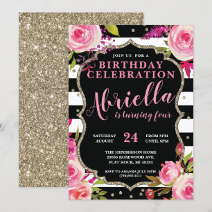 Floral Black and White Stripes Invitation