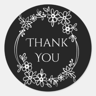 Floral Black And White Thank You Flower Wreath Classic Round Sticker