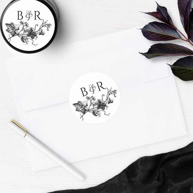 Floral Black and White Wedding Envelope Seal/Favou Classic Round Sticker (Creator Uploaded)