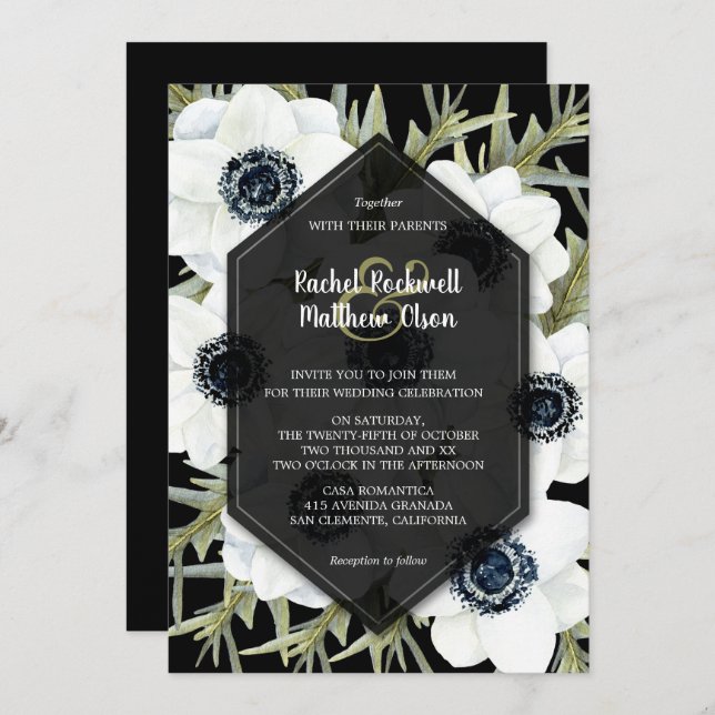 Floral Black and White Wedding Invitations (Front/Back)