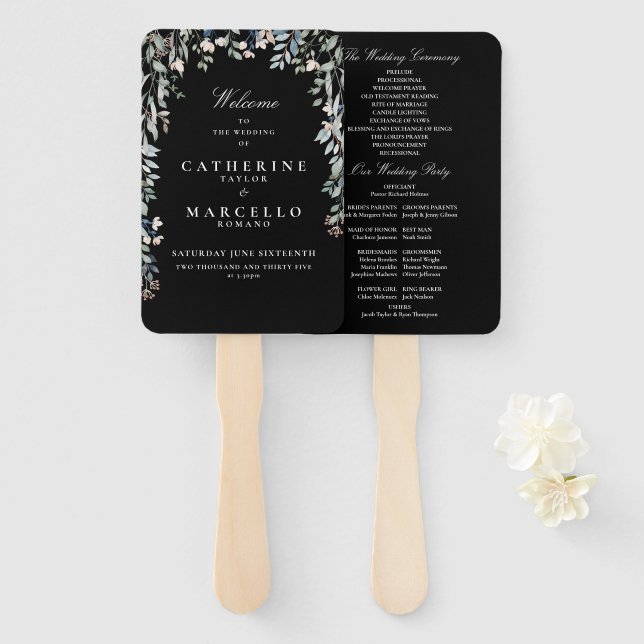 Floral Black And White Wedding Program Hand Fan (Front and Back)