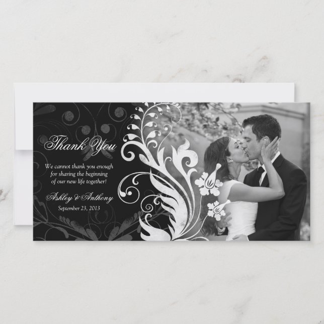 Floral Black and White Wedding Thank You Photocard (Front)