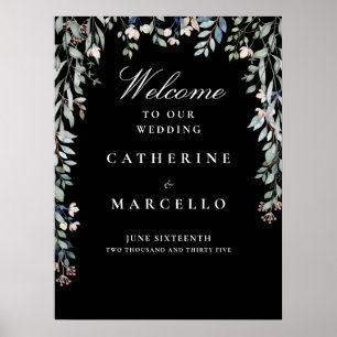 Floral Black And White Wedding Welcome Sign