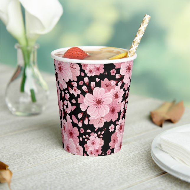 Floral Black background Cherry Blossom design Paper Cups (Insitu)