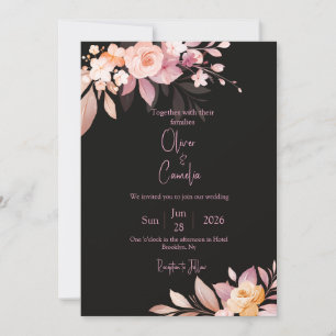 Floral Black & Blush Rose Wedding  Invitation