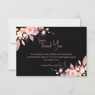 Floral Black & Blush Rose Wedding Thank You Card