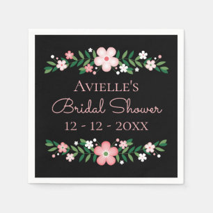 Floral Black Bridal Shower Pink Flowers Wedding Napkin