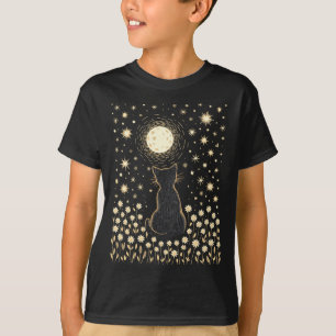 Floral Black Cat And Moon Halloween Cottagecore T-Shirt