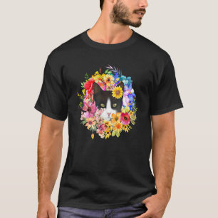 Floral Black Cat And Spring Flowers Farm Kitty Gar T-Shirt