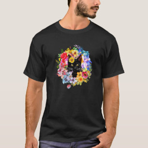 Floral Black Cat Spring Flowers Farm Kitty Garden T-Shirt