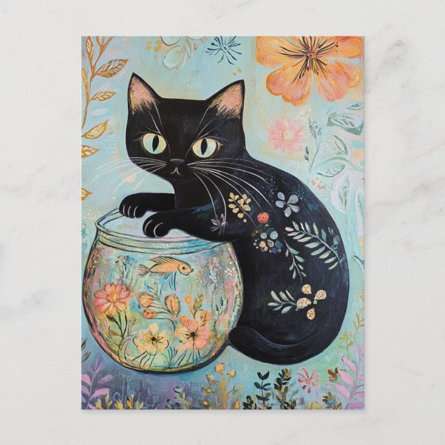 Floral Black Cat with Goldfish  Postcard (Front)