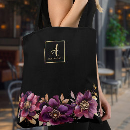 Floral Black Custom Monogram Tote Bag