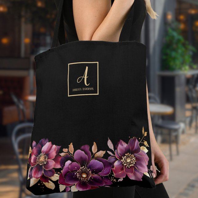 Floral Black Custom Monogram Tote Bag (Creator Uploaded)