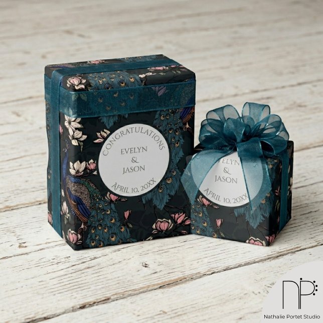 Floral Black Engagement Peacocks Wrapping Paper (Hand drawn Chinoiserie peacock and magnolia wrapping paper for elegant engagement party gifts)