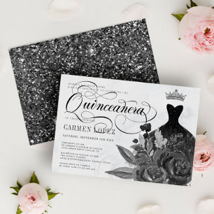 Floral Black Glitter Princess Tiara Quinceanera Invitation