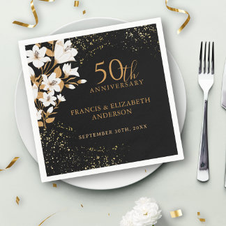 Floral Black Gold  50th Wedding Anniversary Napkin