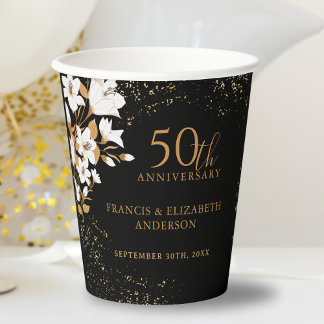 Floral Black Gold  50th Wedding Anniversary Paper Cups